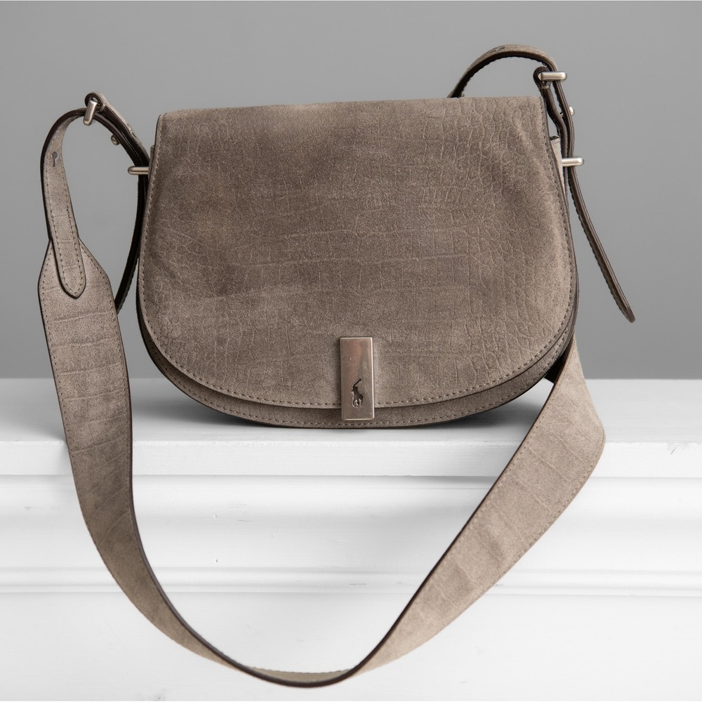 Polo Ralph Lauren ID Saddle Crossbody Bag Suede Croc Embossed Quiet Luxury Purse